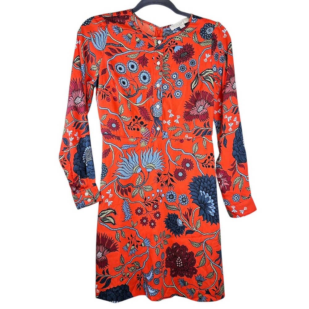 LOFT 00P Primavera Red Floral Button Front Dress NWOT